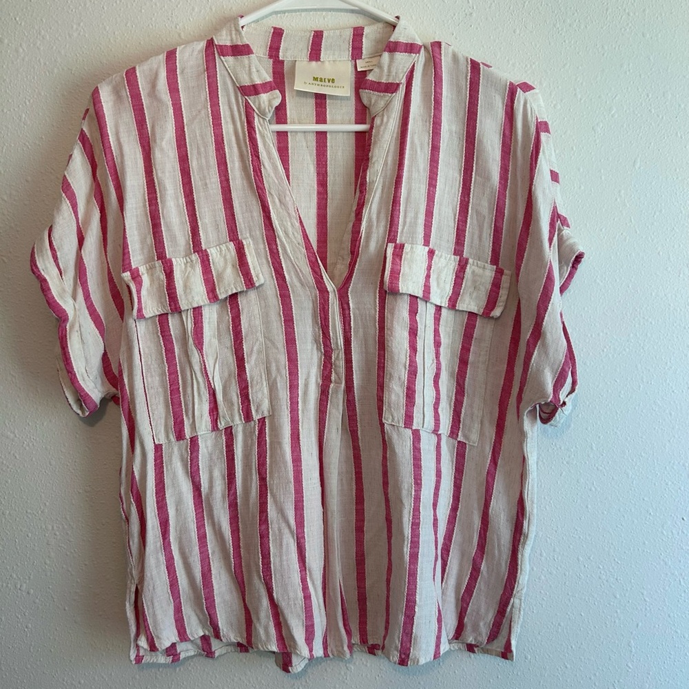 Anthropologie Maeve Pink Striped Slouchy Top Sz S Pocket Dolman Coastal Breezy